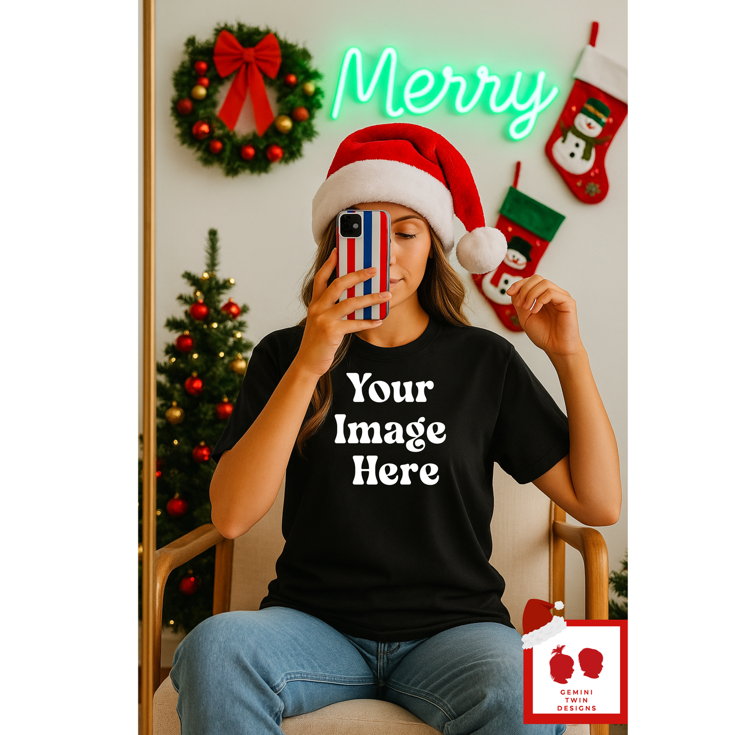 Black Tee Mock up Merry Neon Christmas