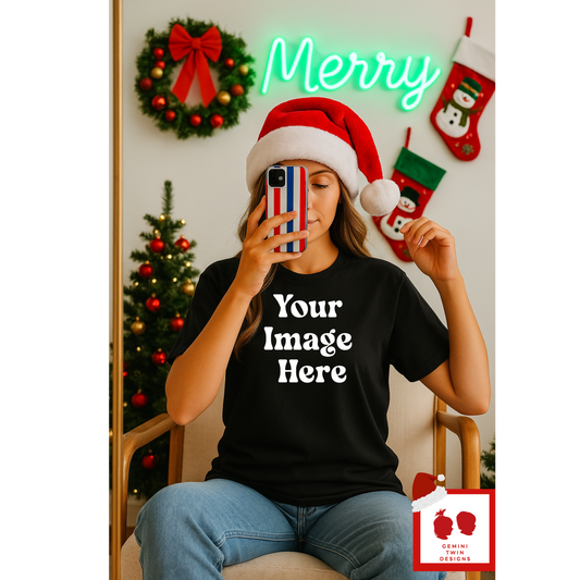 Black Tee Mock up Merry Neon Christmas